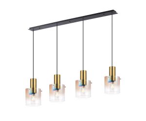 Brandroot Linear Pendant, 4 Light Adjustable E27, Brass/Sand Black/Polished Chrome/Iridescent Fade Glass