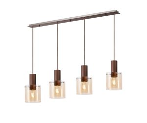 Brandroot Linear Pendant, 4 Light Adjustable E27, Mocha/Amber Glass