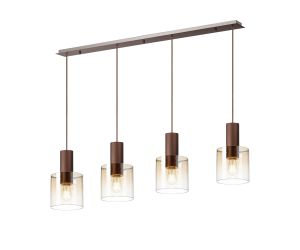 Brandroot Linear Pendant, 4 Light Adjustable E27, Mocha/Amber Fade Glass