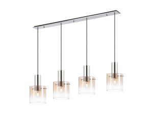Brandroot Linear Pendant, 4 Light Adjustable E27, Polished Nickel/Black/Amber Fade Glass