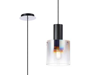 Brandroot 20cm Single Pendant, 1 Light Adjustable E27, Black/Iridescent Fade Glass