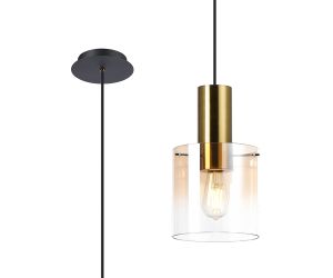 Brandroot 20cm Single Pendant, 1 Light Adjustable E27, Brass/Sand Black/Amber Fade Glass