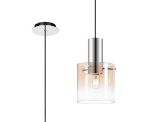 Brandroot 20cm Single Pendant, 1 Light Adjustable E27, Polished Nickel/Black/Amber Fade Glass