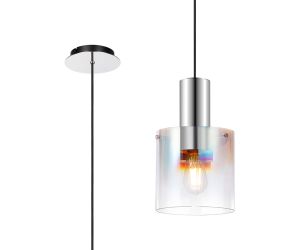 Brandroot 20cm Single Pendant, 1 Light Adjustable E27, Polished Nickel/Black/Iridescent Fade Glass