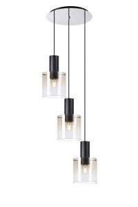 Brandroot 50cm Round Pendant, 3 Light Adjustable E27, Black/Amber Fade Glass
