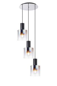 Brandroot 50cm Round Pendant, 3 Light Adjustable E27, Black/Iridescent Fade Glass