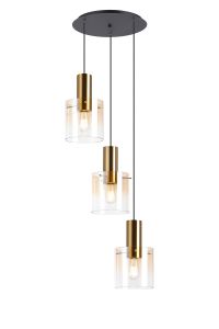 Brandroot 50cm Round Pendant, 3 Light Adjustable E27, Brass/Sand Black/Amber Fade Glass