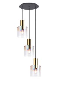 Brandroot 50cm Round Pendant, 3 Light Adjustable E27, Brass/Sand Black/Iridescent Fade Glass