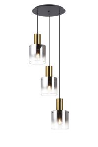 Brandroot 50cm Round Pendant, 3 Light Adjustable E27, Brass/Sand Black/Smoke Fade Glass