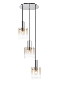 Brandroot 50cm Round Pendant, 3 Light Adjustable E27, Polished Nickel/Black/Amber Fade Glass
