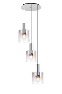 Brandroot 50cm Round Pendant, 3 Light Adjustable E27, Polished Nickel/Black/Iridescent Fade Glass