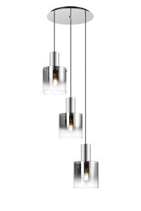 Brandroot 50cm Round Pendant, 3 Light Adjustable E27, Polished Nickel/Black/Smoke Fade Glass