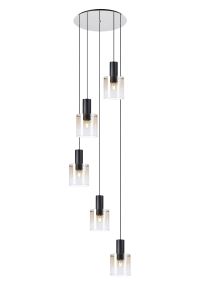 Brandroot 65cm Round Pendant, 5 Light Adjustable E27, Black/Amber Fade Glass