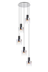 Brandroot 65cm Round Pendant, 5 Light Adjustable E27, Black/Iridescent Fade Glass