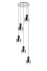 Brandroot 65cm Round Pendant, 5 Light Adjustable E27, Black/Smoke Fade Glass