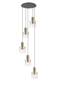 Brandroot 65cm Round Pendant, 5 Light Adjustable E27, Brass/Sand Black/Iridescent Fade Glass