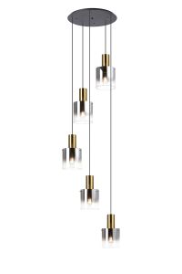 Brandroot 65cm Round Pendant, 5 Light Adjustable E27, Brass/Sand Black/Smoke Fade Glass