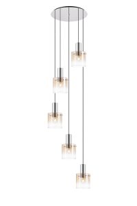 Brandroot 65cm Round Pendant, 5 Light E27, Polished Nickel/Black/Amber Fade Glass