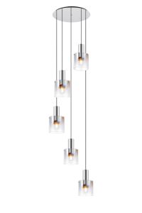 Brandroot 65cm Round Pendant, 5 Light E27, Polished Nickel/Black/Iridescent Fade Glass