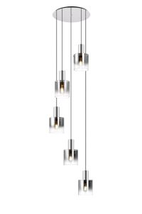 Brandroot 65cm Round Pendant, 5 Light E27, Polished Nickel/Black/Smoke Fade Glass