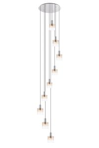 Brandroot 90cm Round Pendant, 9 Light E27, Polished Nickel/Black/Amber Fade Glass Item Weight: 22kg