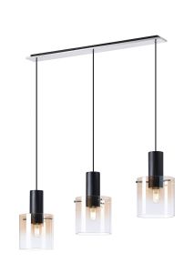 Brandroot Linear Pendant, 3 Light Adjustable E27, Black/Amber Fade Glass