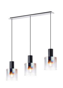 Brandroot Linear Pendant, 3 Light Adjustable E27, Black/Iridescent Fade Glass