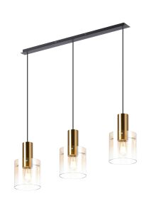 Brandroot Linear Pendant, 3 Light Adjustable E27, Brass/Sand Black/Amber Fade Glass