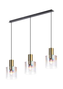 Brandroot Linear Pendant, 3 Light Adjustable E27, Brass/Sand Black/Iridescent Fade Glass