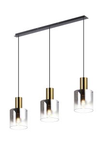 Brandroot Linear Pendant, 3 Light Adjustable E27, Brass/Sand Black/Smoke Fade Glass