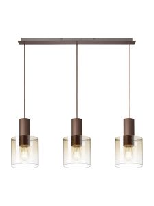 Brandroot Linear Pendant, 3 Light Adjustable E27, Mocha/Amber Fade Glass