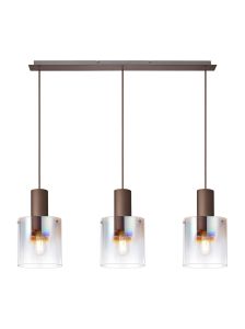 Brandroot Linear Pendant, 3 Light Adjustable E27, Mocha/Iridescent Fade Glass