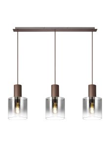 Brandroot Linear Pendant, 3 Light Adjustable E27, Mocha/Smoke Fade Glass