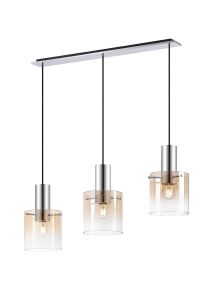 Brandroot Linear Pendant, 3 Light Adjustable E27, Polished Nickel/Black/Amber Fade Glass