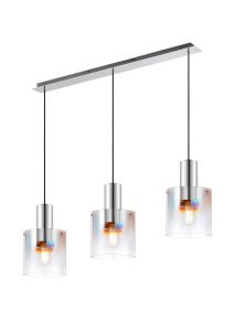 Brandroot Linear Pendant, 3 Light Adjustable E27, Polished Nickel/Black/Iridescent Fade Glass
