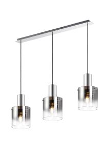 Brandroot Linear Pendant, 3 Light Adjustable E27, Polished Nickel/Black/Smoke Fade Glass