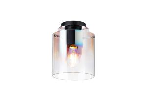 Brandroot 20cm Round Ceiling Flush, 1 Light Flush Fitting E27, Black/Iridescent Fade Glass