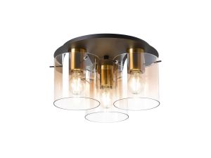 Brandroot 37cm Round Ceiling Flush, 3 Light Flush Fitting, Brass/Sand Black/Amber Fade Glass