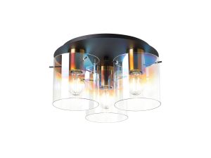 Brandroot 37cm Round Ceiling Flush, 3 Light Flush Fitting, Brass/Sand Black/Iridescent Fade Glass