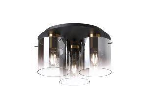 Brandroot 37cm Round Ceiling Flush, 3 Light Flush Fitting, Brass/Sand Black/Smoke Fade Glass