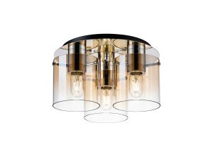 Brandroot 37cm Round Ceiling Flush, 3 Light Flush Fitting, Polished Nickel/Black/Amber Fade Glass