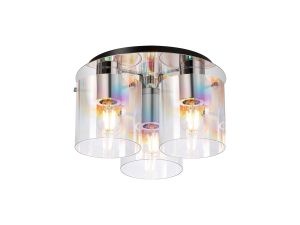 Brandroot 37cm Round Ceiling Flush, 3 Light Flush Fitting, Polished Nickel/Black/Iridescent Fade Glass