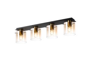 Brandroot Linear Ceiling Flush, 4 Light Flush Fitting, Brass/Sand Black/Amber Fade Glass
