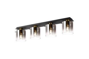 Brandroot Linear Ceiling Flush, 4 Light Flush Fitting, Brass/Sand Black/Smoke Fade Glass