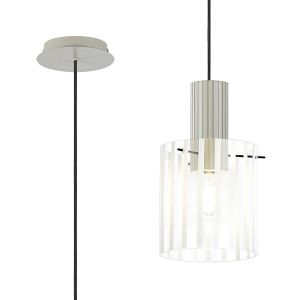 Brandroot Ribbed 21cm Single Pendant, 1 Light Adjustable E27, Beige Stone/Frosted/Clear Wide Line Glass