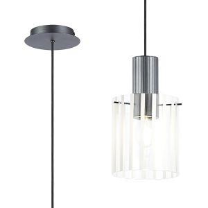 Brandroot Ribbed 21cm Single Pendant, 1 Light Adjustable E27, Dark Grey/Frosted/Clear Wide Line Glass