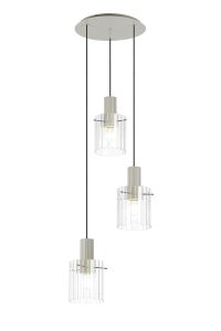 Brandroot Ribbed 49.5cm Round Pendant, 3 Light Adjustable E27, Beige Stone/Clear Wide Line Glass
