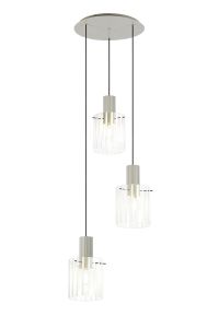 Brandroot Ribbed 49.5cm Round Pendant, 3 Light Adjustable E27, Beige Stone/Frosted/Clear Wide Line Glass