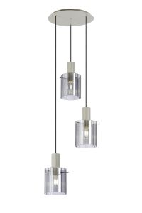 Brandroot Ribbed 49.5cm Round Pendant, 3 Light Adjustable E27, Beige Stone/Smoke Wide Line Glass