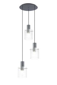 Brandroot Ribbed 49.5cm Round Pendant, 3 Light Adjustable E27, Dark Grey/Clear Narrow Line Glass